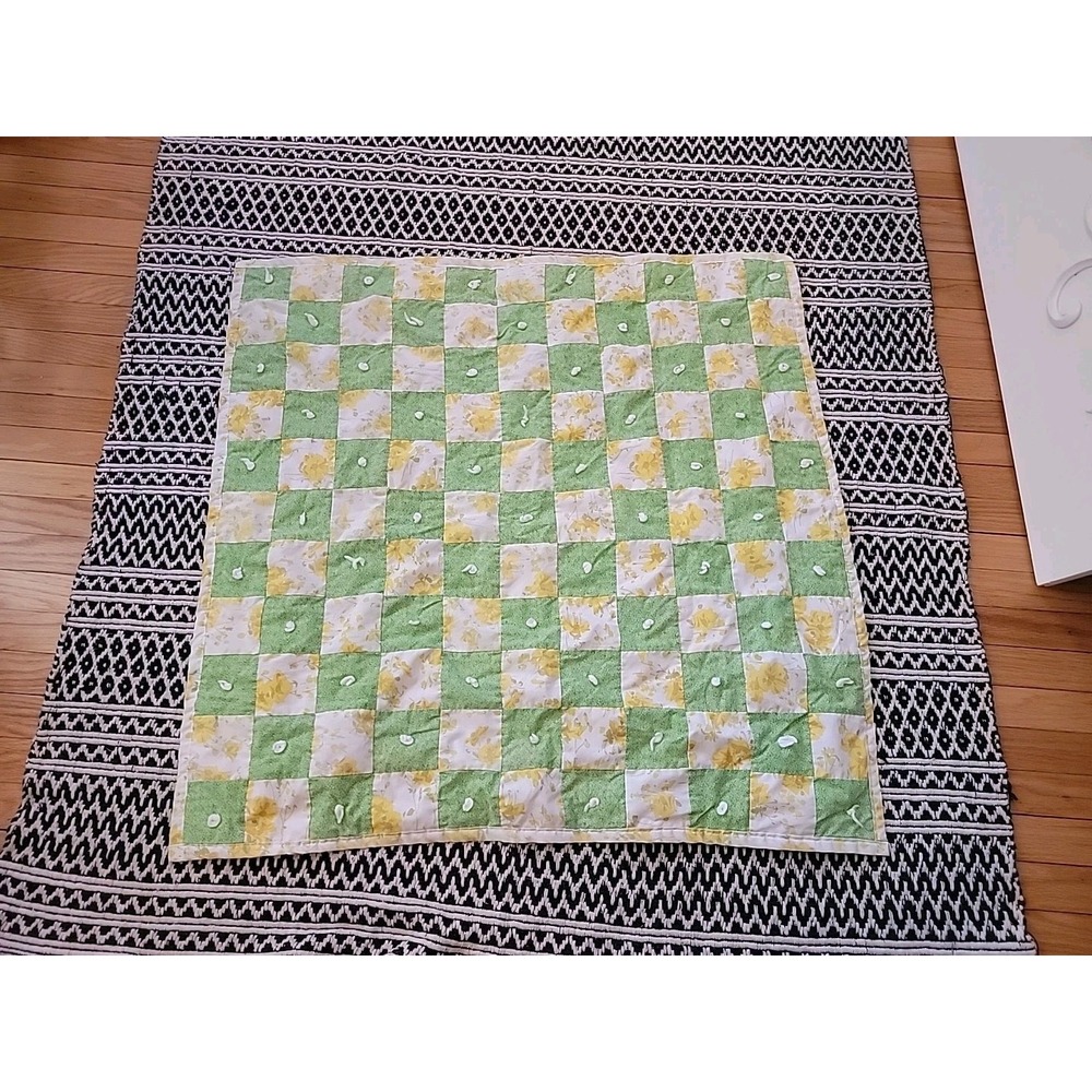 Vintage Handmade Crib Quilt Baby Blanket Hand Yarn Tied Yellow/Green Flowers